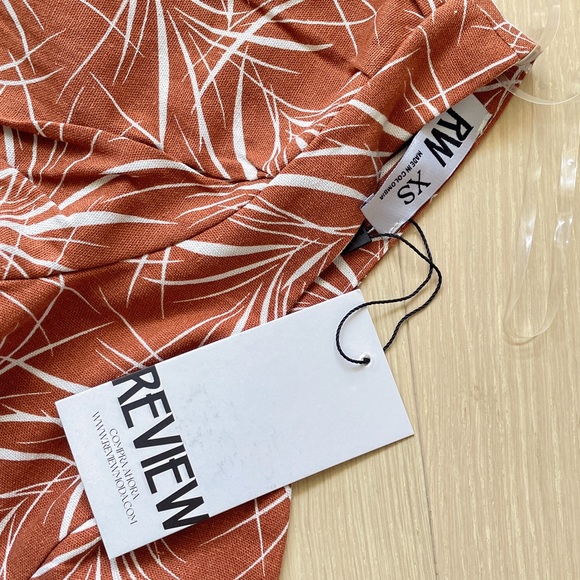 NEW Linen Crop Top Back Tie Brown White Patterned Puff Sleeves Sweetheart - Picture 10 of 10